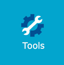 Clip art of a wrench and a gear with white text: Tools