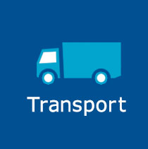 Clip art of a large light blue box truck with white text: Transport